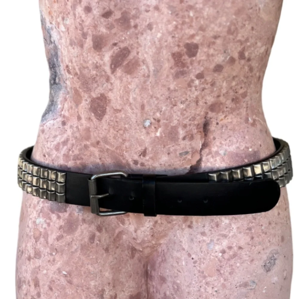 Black Manmade Grunge Style Leather Studded Belt